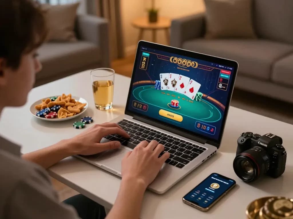 Engaging scene of a player enjoying a MetaMask crypto casino poker game on a laptop, highlighting online gaming strategy and comfort.