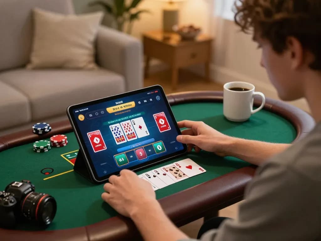 Player winning at ku88 blackjack on tablet, showcasing strategic gameplay in a cozy home setting