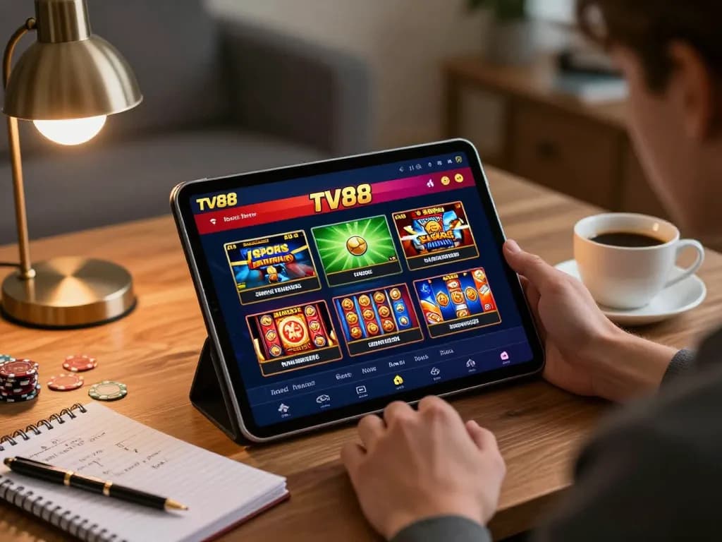 Engaging scene of a user exploring tv88 nhà cái uy tín on a tablet with diverse gaming options in a cozy home setting.