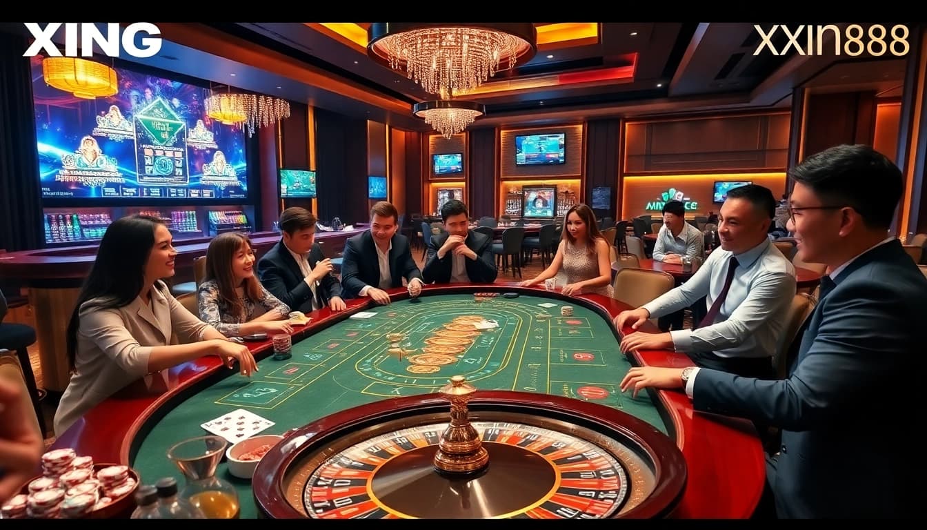 Players enjoying the vibrant Cổng Game XIN88 casino experience with a luxury gaming table and roulette wheel.