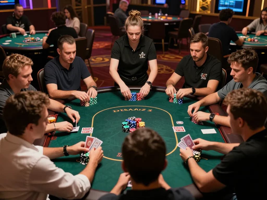 Players engage in a strategic poker game at a vibrant casino, featuring tg88 chip stacks and competitive atmosphere.