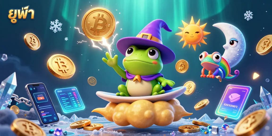 Experience the thrill of ยูฟ่า with a vibrant storm of coins, a chameleon surfing clouds, and crypto elements!
