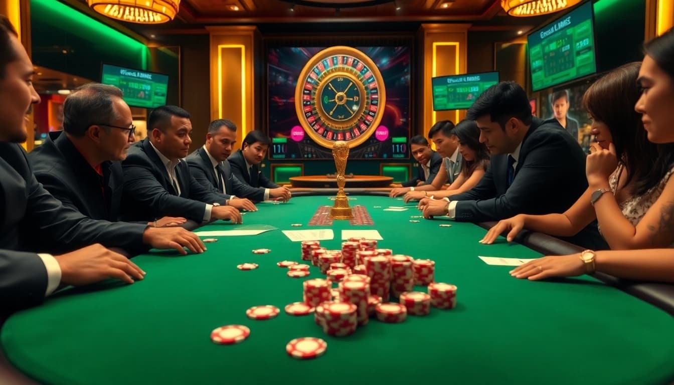 Experience the thrill of Judi Piala Dunia with players engaged in intense betting at a luxurious casino table.