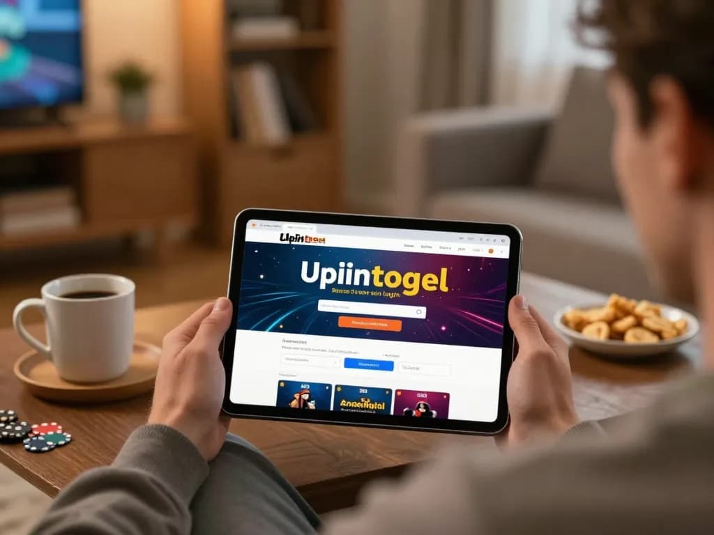 Engaging with upintogel login on tablet in a cozy living room setting while enjoying online gambling