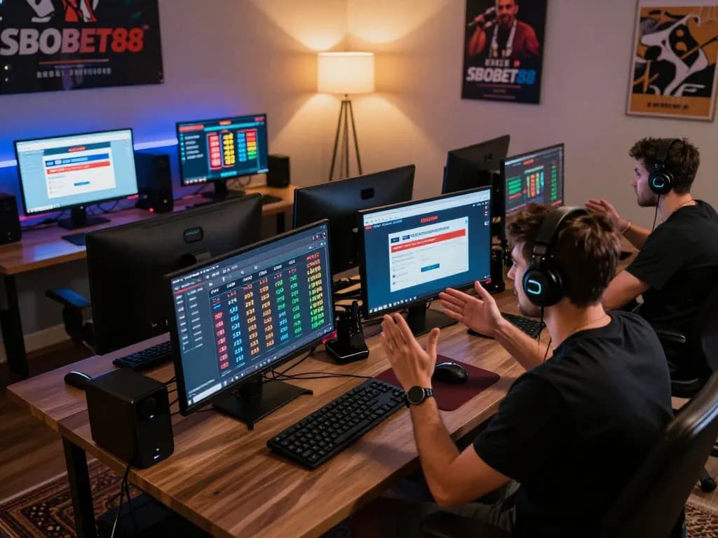 SBOBET88 login displayed on multiple screens during an engaged online betting session, showcasing a modern setup.