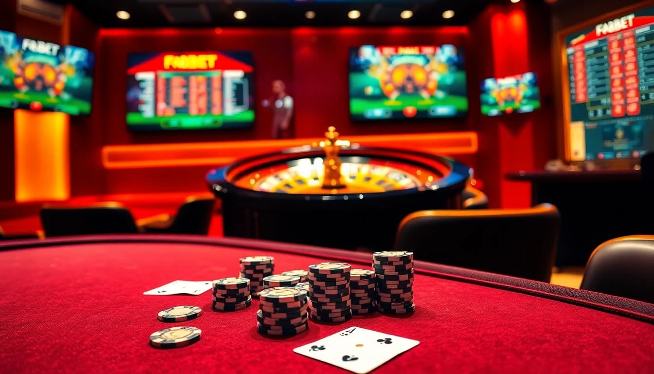 Experience thrilling gaming at F8BET with a luxurious poker table and roulette wheel.