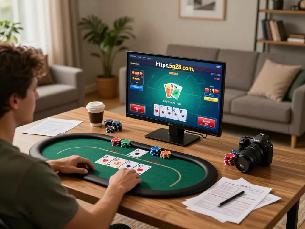 Engage with exciting online gambling at https://5g28.com/ with a person enjoying poker from a cozy home setup.