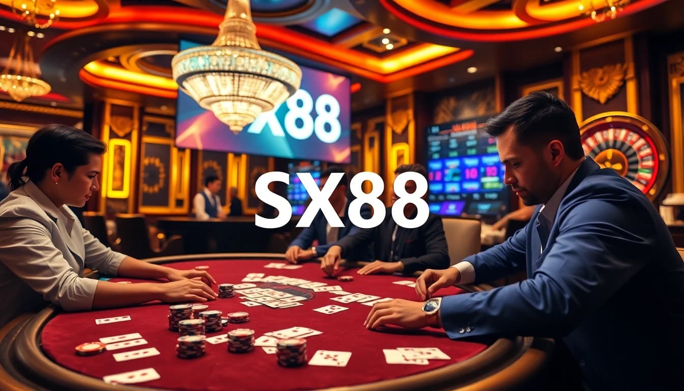 Experience thrilling gameplay at SX88's professional casino tables, with vibrant poker chips and cards.