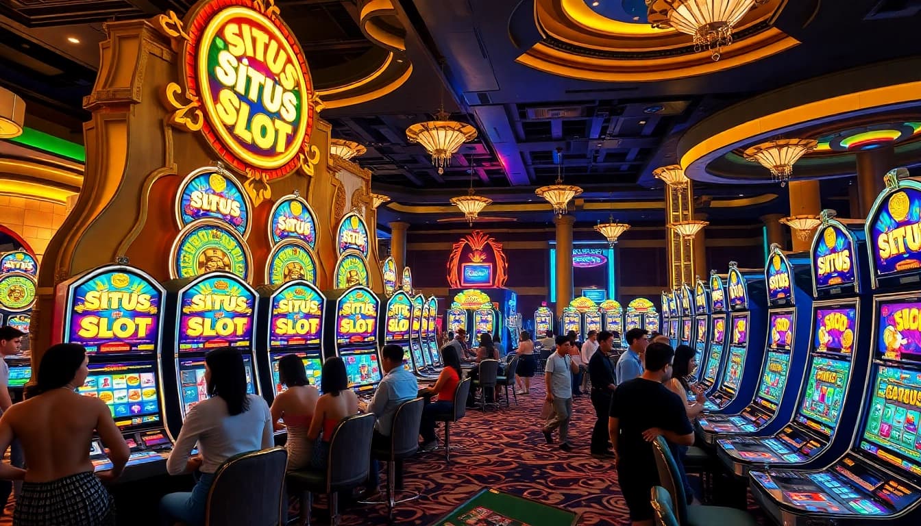Situs Slot players enjoying a vibrant casino atmosphere with lively slot machines.