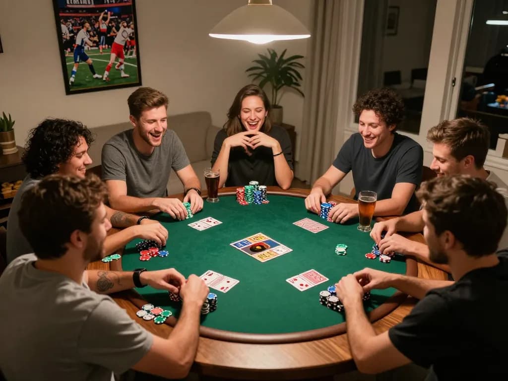 Sahabat menikmati malam poker yang mendebarkan di rumah sambil terlibat dalam permainan strategis, radiofairindia.