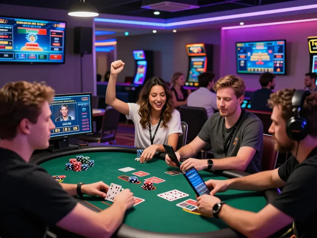 hm88 nhà cái uy tín showcased in a lively gaming lounge with diverse players enjoying online gambling.