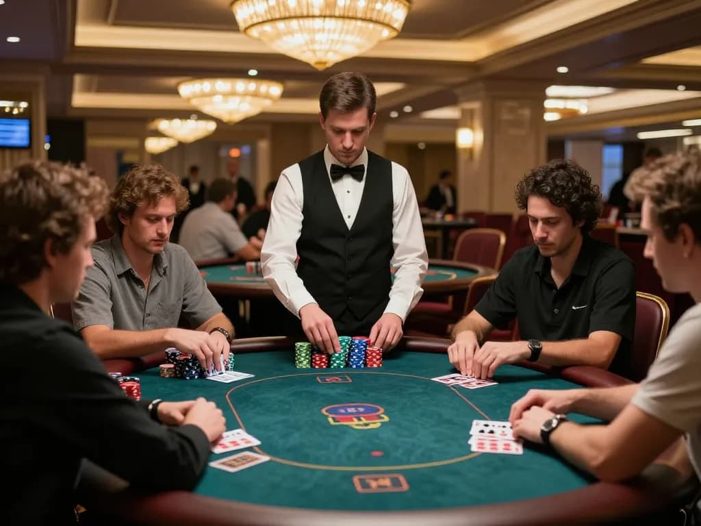 Players strategizing at a high-stakes poker table in MM88.COM's upscale casino, showcasing a winning atmosphere.