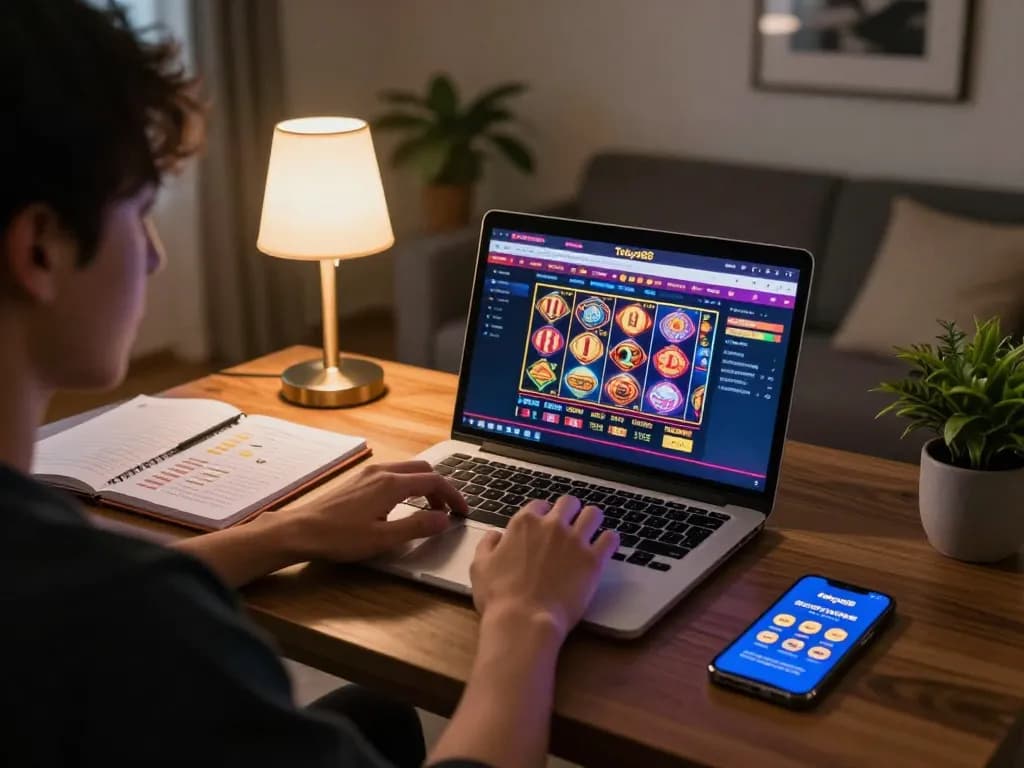 Mainkan slot online di tokyo88 sambil menikmati pengaturan permainan di rumah yang nyaman dengan laptop dan catatan
