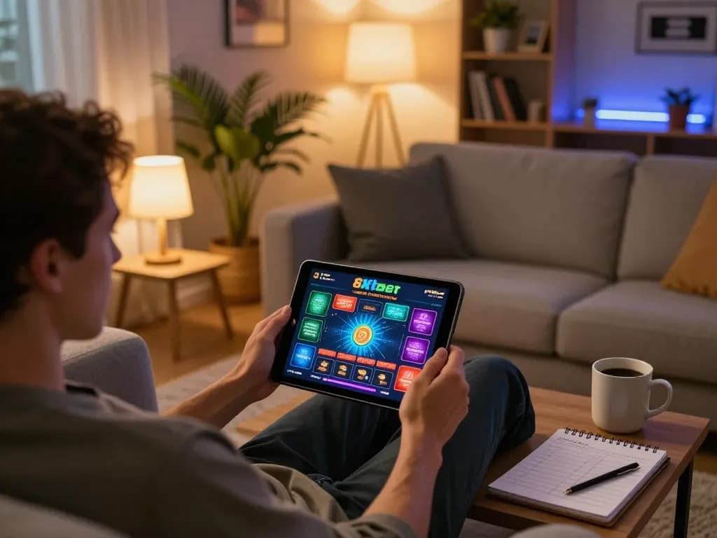 Player engaging with 8xbet online casino on tablet at home, showcasing a cozy gaming atmosphere