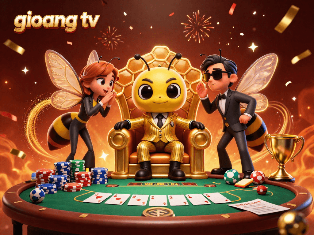 Engage with sports betting excitement through giovang tv's unique betting scenes showcasing colorful poker elements and dynamic characters.