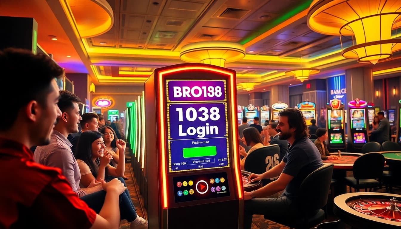 BRO138 Login displayed on an exciting slot machine, showcasing an engaging casino atmosphere.