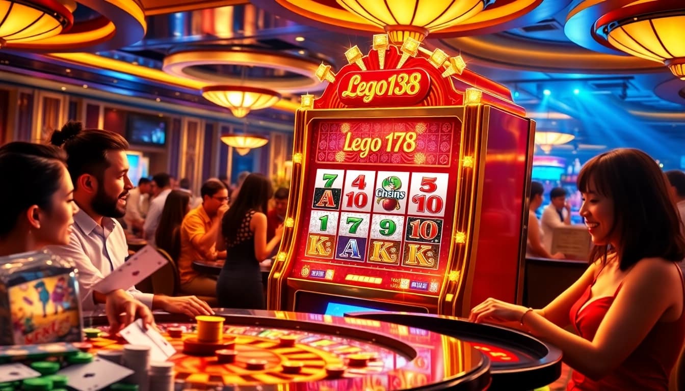 Lego138 players experiencing high RTP excitement at a vibrant casino slot machine.