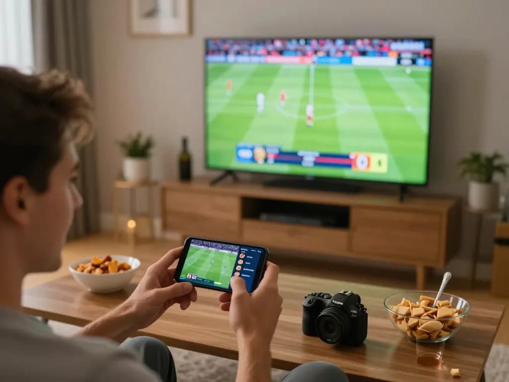 nk88 user enthusiastically places bets on Bundesliga games using a smartphone in a cozy living room