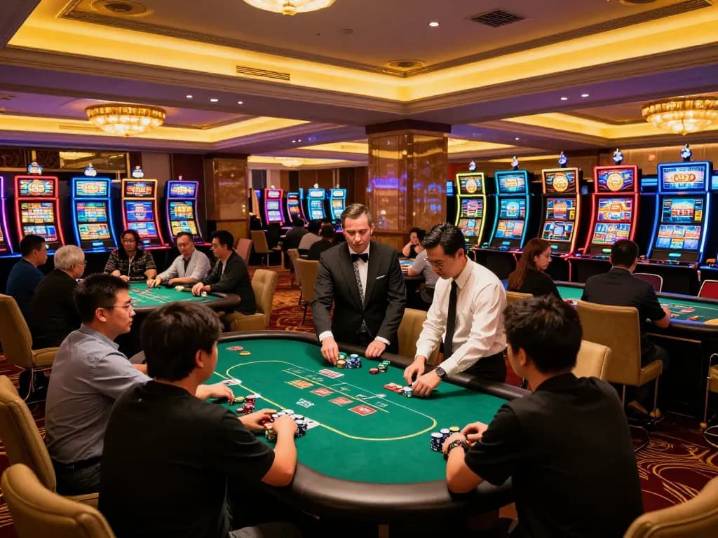 Players enjoying a thrilling game at 555win's upscale casino floor with vibrant tables and exciting ambiance.