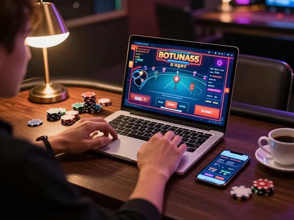 Engaging online poker action with BOTUNA555 app on smartphone and vibrant game display.