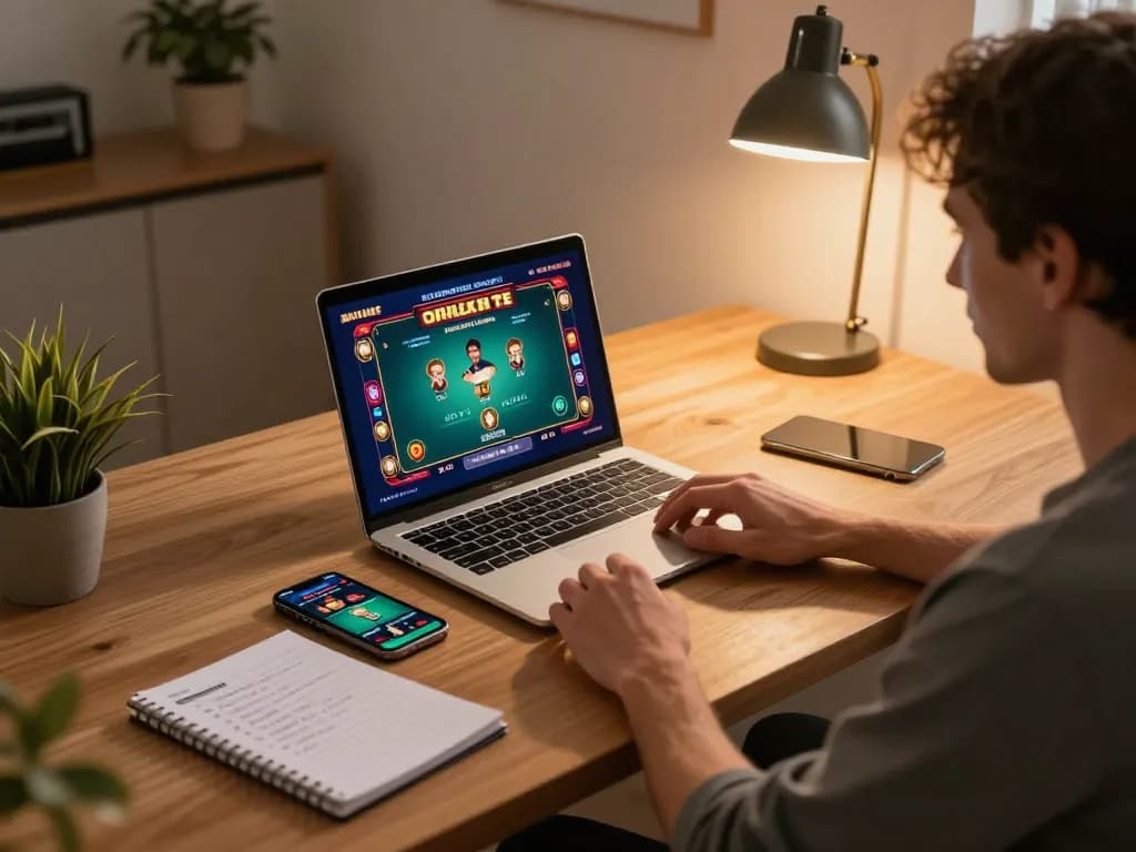 Orang yang terlibat dalam permainan online dengan kata kunci asosiasi scrapbooking sambil mengelola strategi poker dan catatan taruhan.