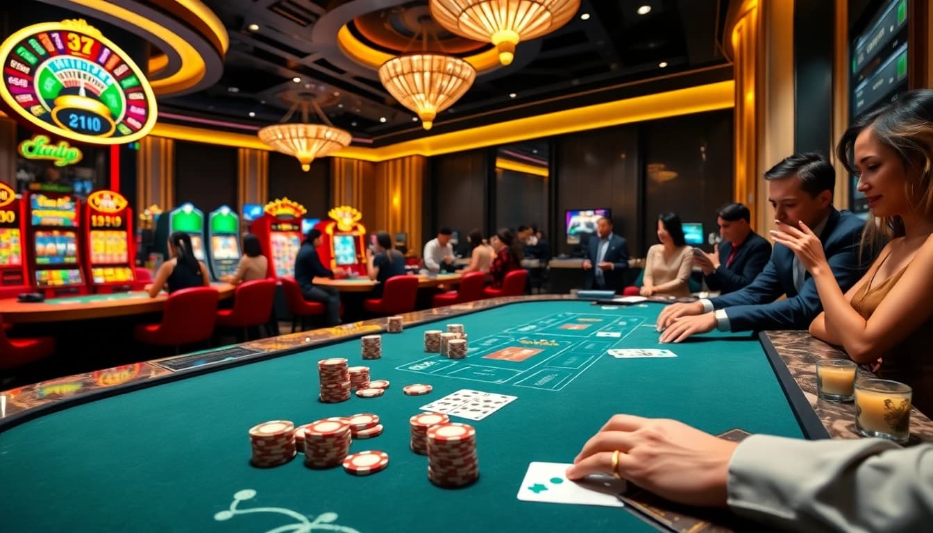 Engaging scene illustrating Lô Đề Trực Tuyến with excited players at a vibrant poker table.