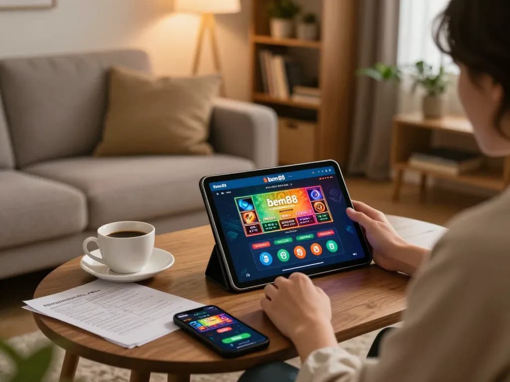 Player enjoying bem88 online casino gaming in a relaxed home setting with strategic notes.