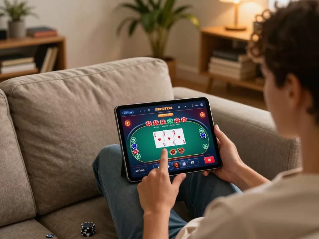 Betbdt login as a player engages in online poker from the comfort of home, showcasing a tablet with vibrant game interface.