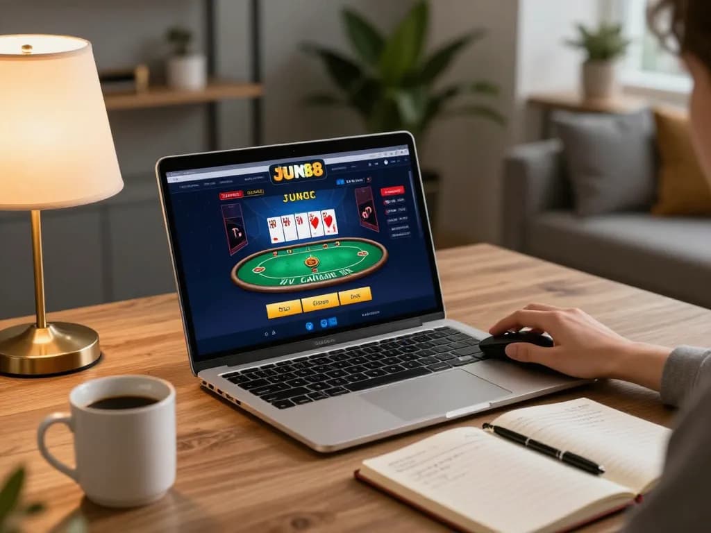 Engaging online gaming session at JUN88 featuring player focusing on poker strategy in a relaxed home workspace.