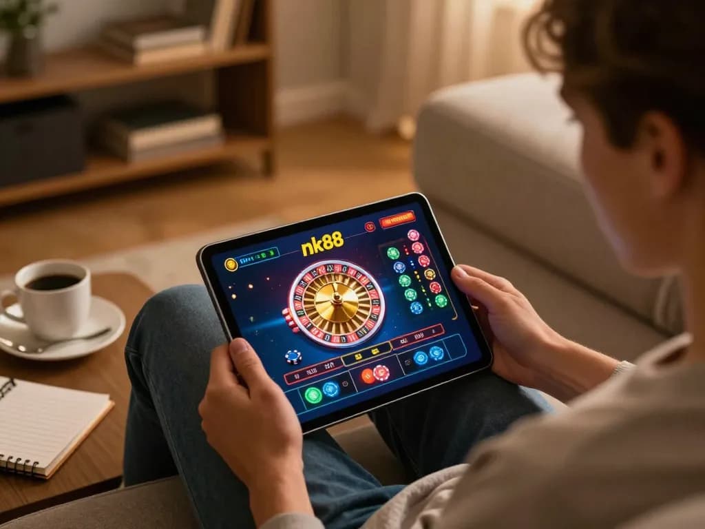 Engaging with nk88 casino app on tablet during cozy home gaming night.