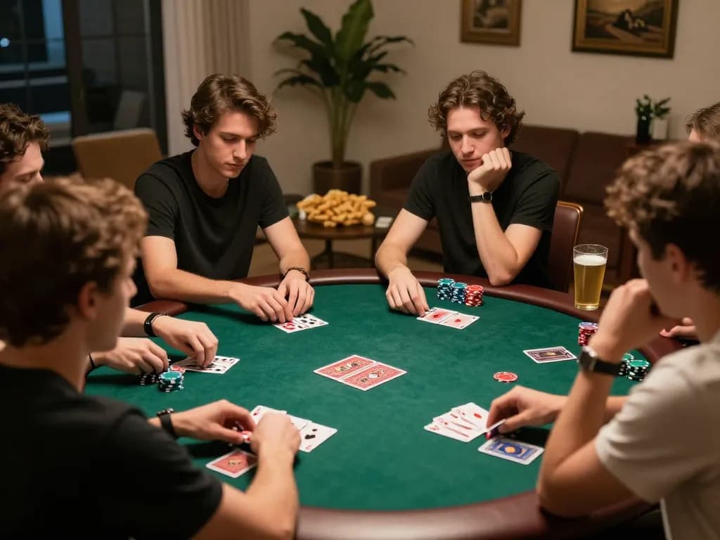 Players enjoy a friendly poker night at home, testing strategies and creativity with SC88 app in use.