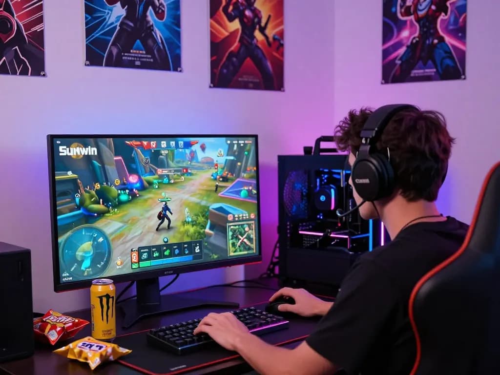 Engaging scene of a gamer playing Sunwin on PC, showcasing vibrant graphics and gaming accessories.