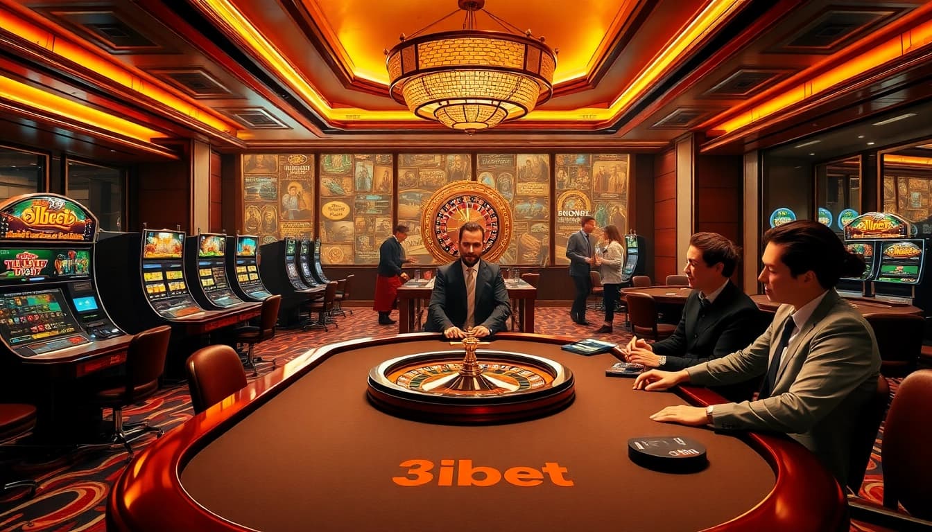 Experience the thrill of gambling at 3Dbet with a vibrant casino scene showcasing players and dealers in action.