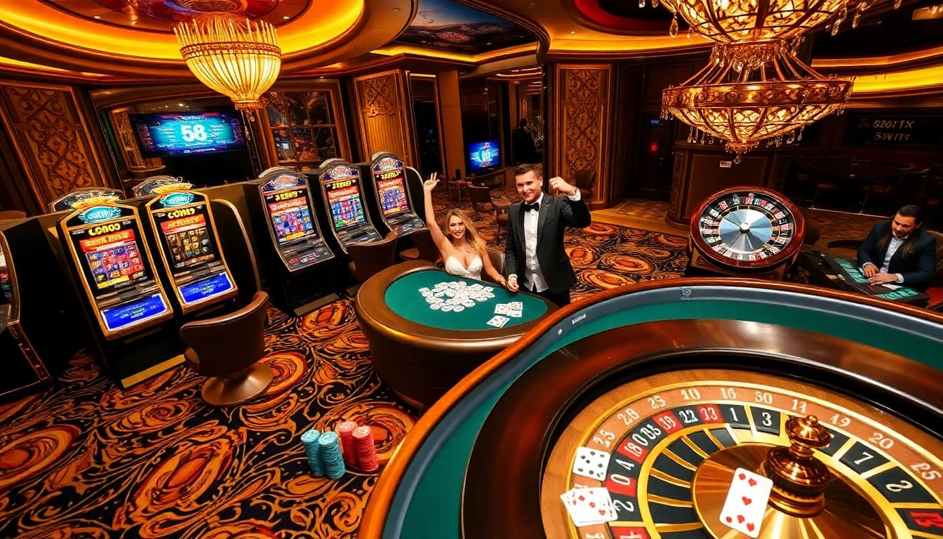 A lively casino atmosphere at 58win, featuring vibrant slot machines and players enjoying poker games.