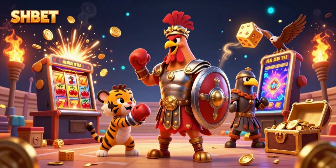 SHBET showcases a dynamic scene with a gladiator rooster and a tiger cub amidst vibrant casino elements.