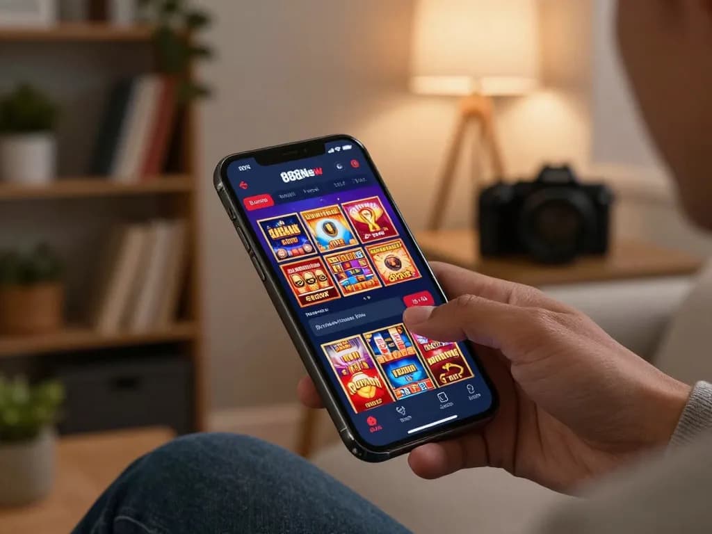 Engaging gameplay on 888New mobile app, showcasing vibrant casino games in a cozy home setting