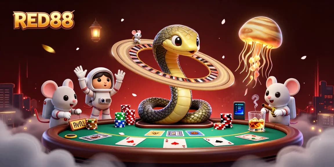 Place bets at RED88 with a vibrant scene of cosmic casino characters, poker elements, and dynamic action.