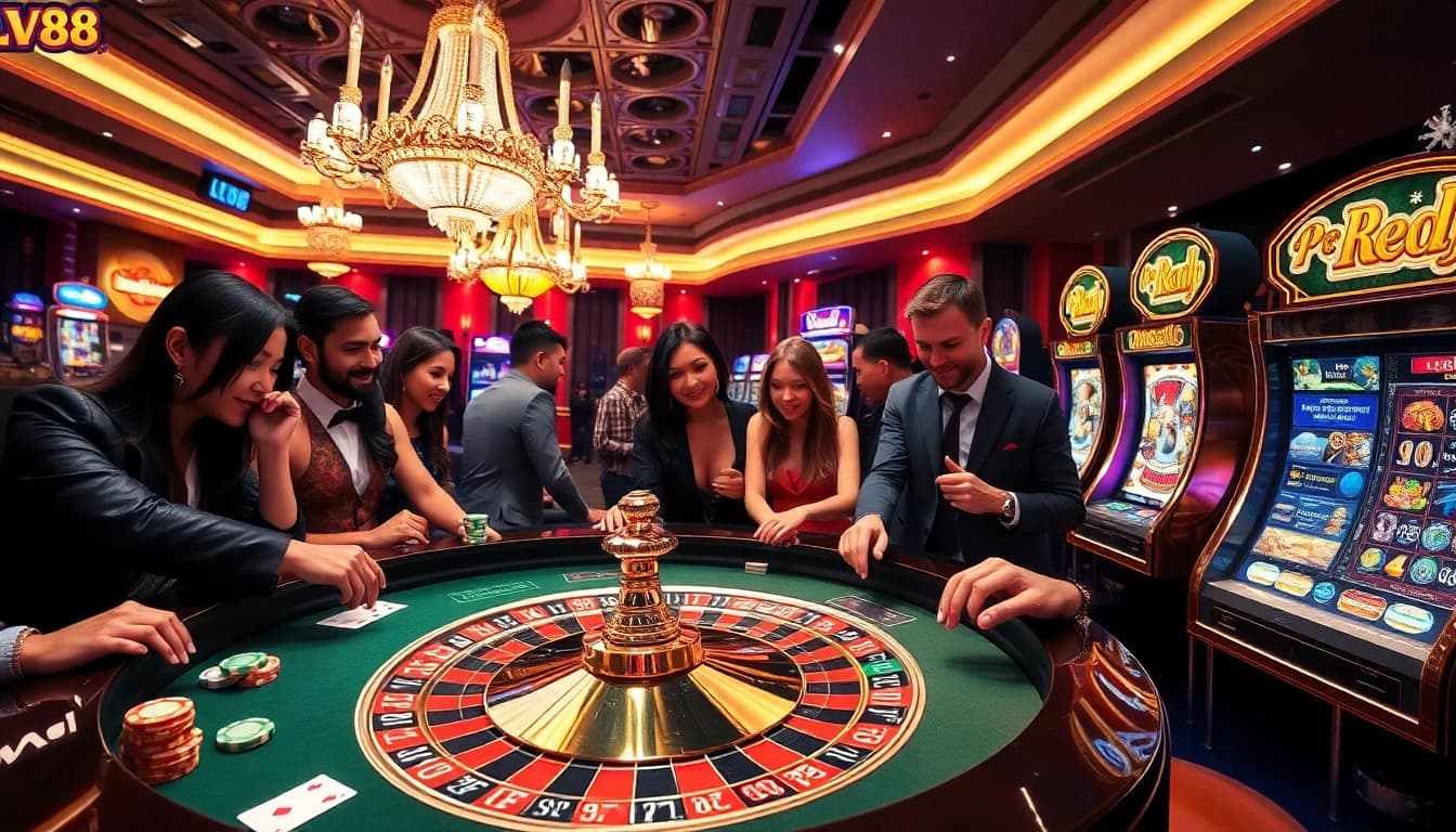 Exciting casino betting scene at https://lv88.ltd/, featuring roulette table and eager players.