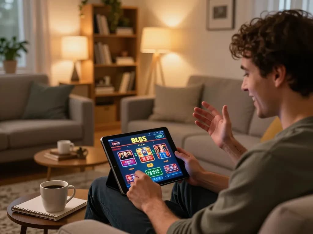 Player enjoying bl555 online casino games on a tablet in a cozy setting, showcasing vibrant gameplay dynamics.