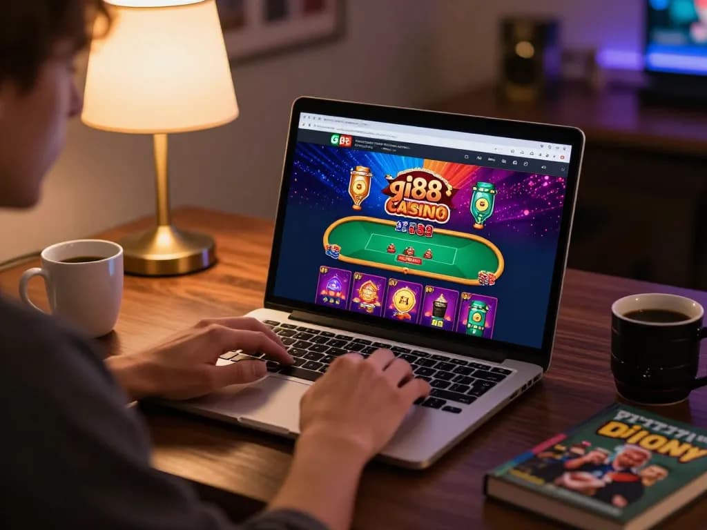 Player engaging with gi88 online casino platform while enjoying a cozy home gaming setup