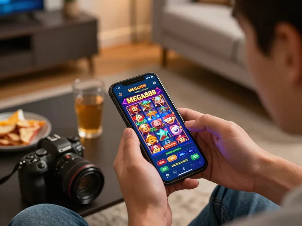 Mega888 register with player engaging in online gaming on smartphone at home.