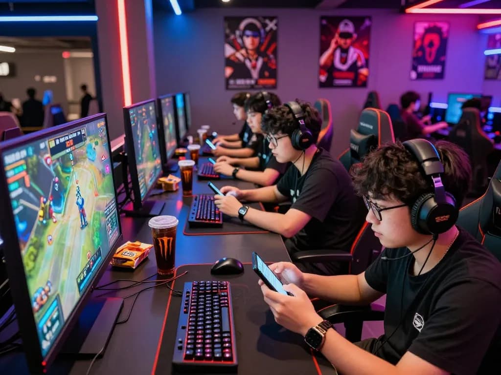 Engaged gamers in vibrant esports betting lounge during a match, exploring the guide at https://gglbetsg.org/gglbet-sg/singapore-esports-betting-guide/ for winning strategies.
