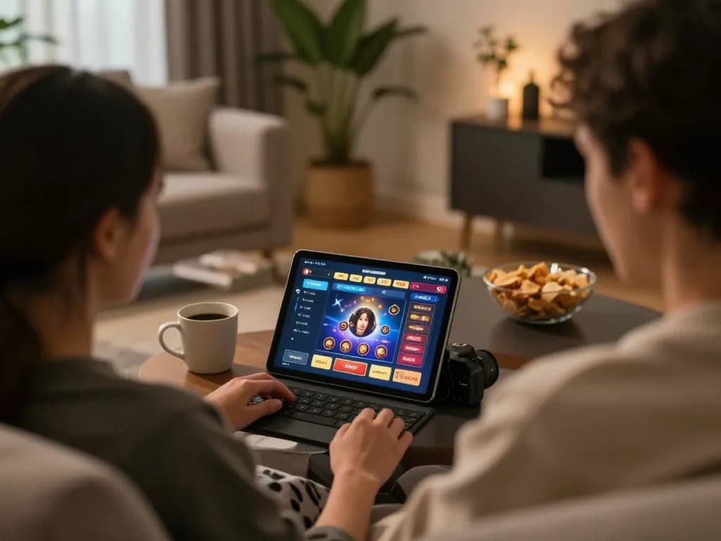 Player enjoying games at non gamstop casinos on a tablet in a cozy home setting.