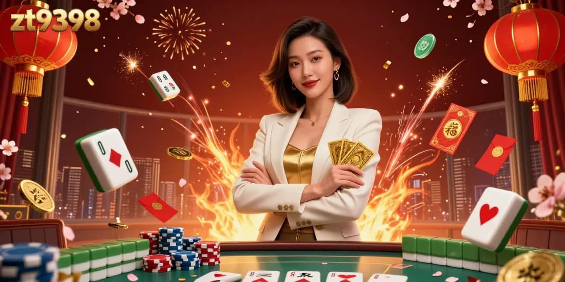 Join the excitement at zt9398, featuring an elegant casino scene with a powerful business-woman surrounded by dynamic gaming elements.