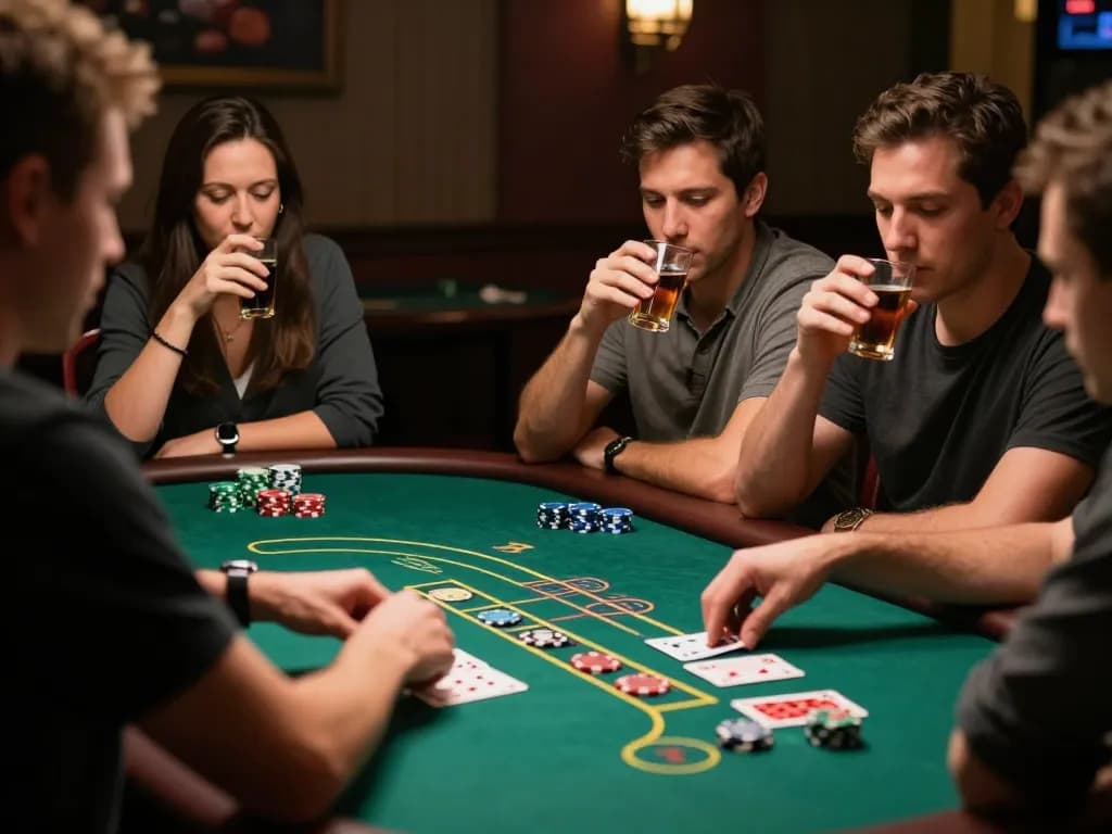Players strategizing at the blackjack table in 45678 casino, with intense focus and chips in action.