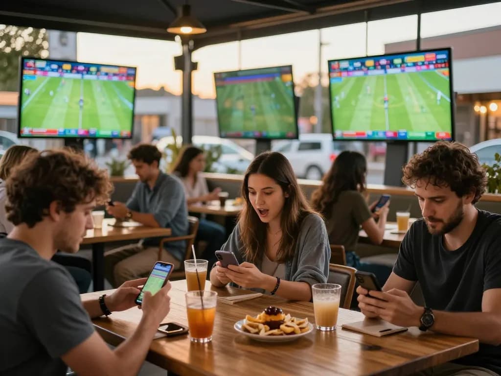 Bongdalu users engaging in live sports betting through mobile devices in a lively outdoor café setting.