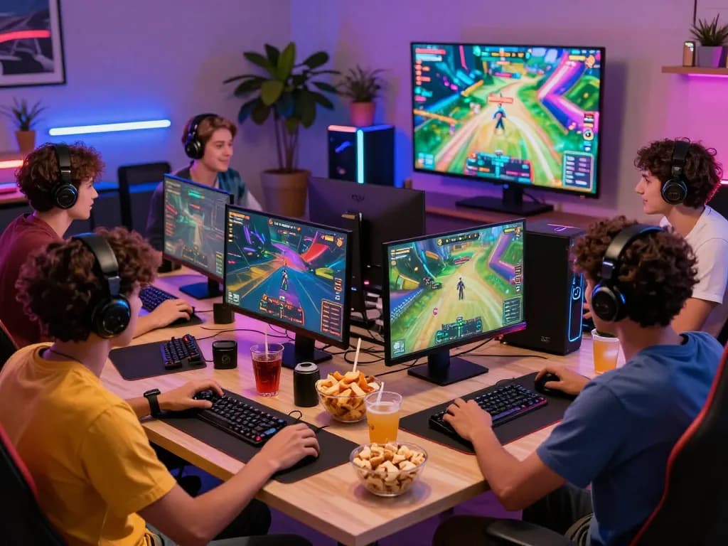 Hitclub gaming environment with friends engaged in multiplayer game session, vibrant atmosphere and tech equipment.