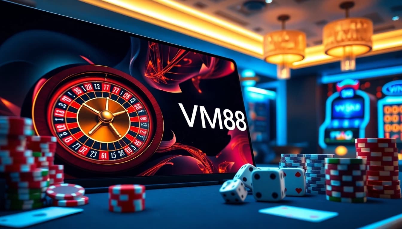 Experience VM88’s professional roulette wheel and lively poker chips showcasing premium online casino gameplay