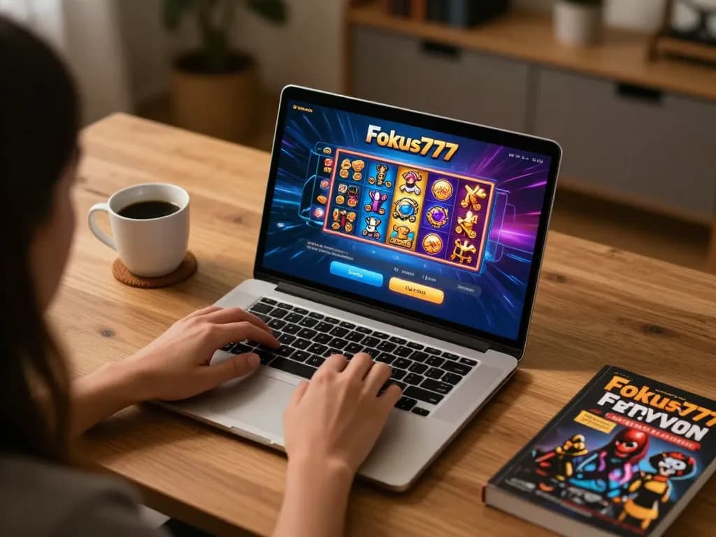 Engaging in Fokus777 login for online slot games on a cozy home office setup, showcasing player interaction with vibrant gaming interface