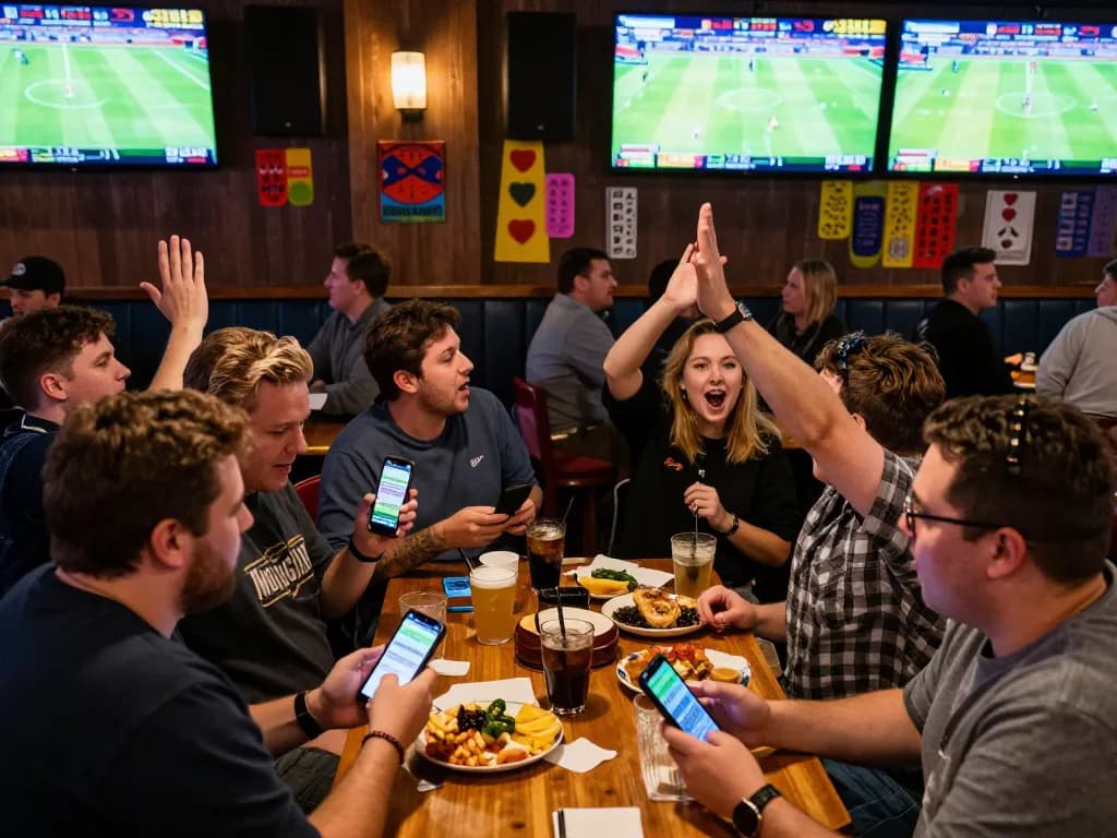 Enthusiastic fans placing bets on Bsport during a lively sports bar atmosphere.